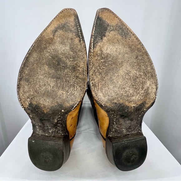 Sterling Brown and Tan Two-Tone Ostrich Leather Pointed Toe Cowboy Boots - Picture 9 of 11